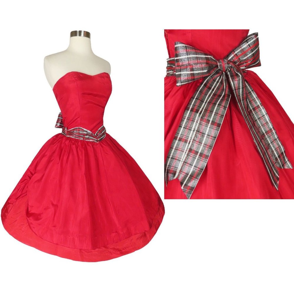 Vintage 80s Red Strapless Full Skirt Prom Party Dress XXXS XS Petite Valentine's